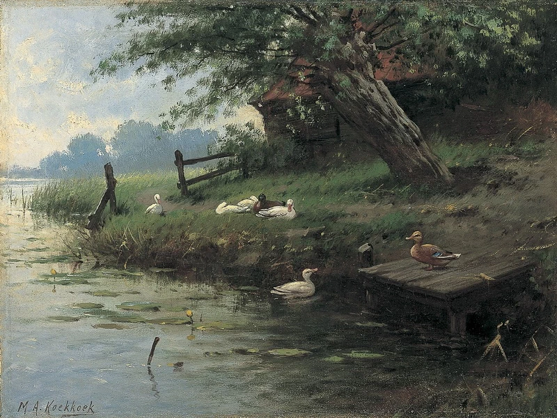 1873-Marinus Adrianus Koekkoek - Anatre sulla riva del fiume